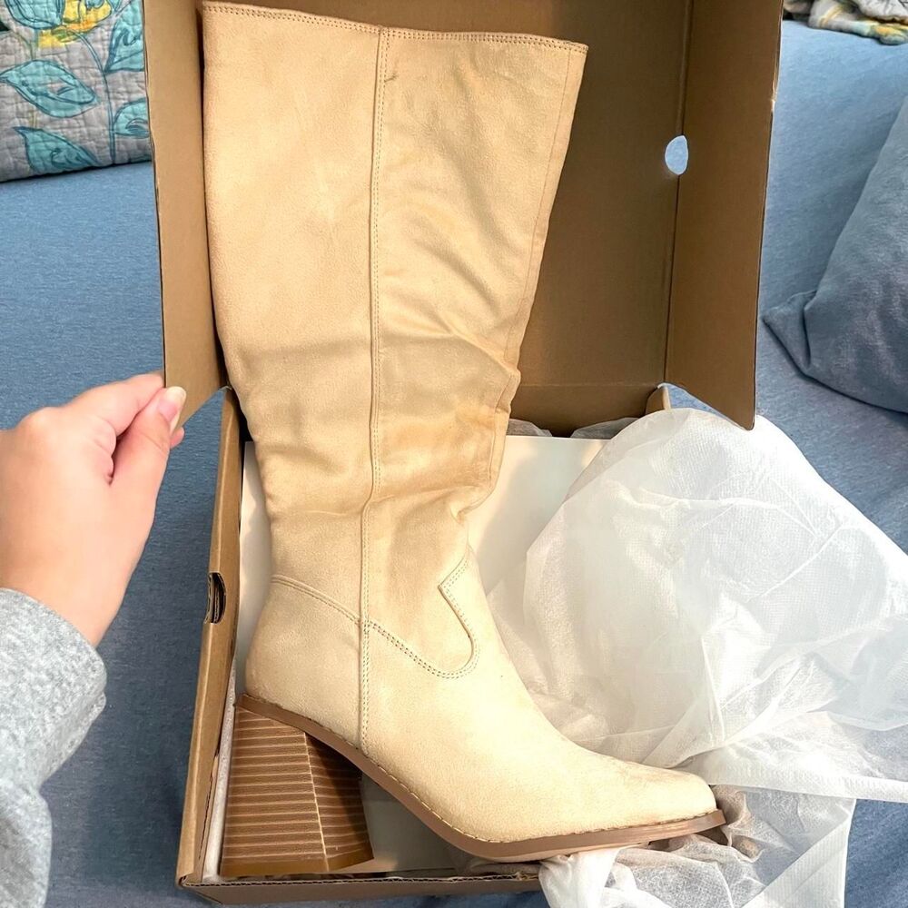New in Box Block Heel Cream/Beige Knee High Boots - size 5.5